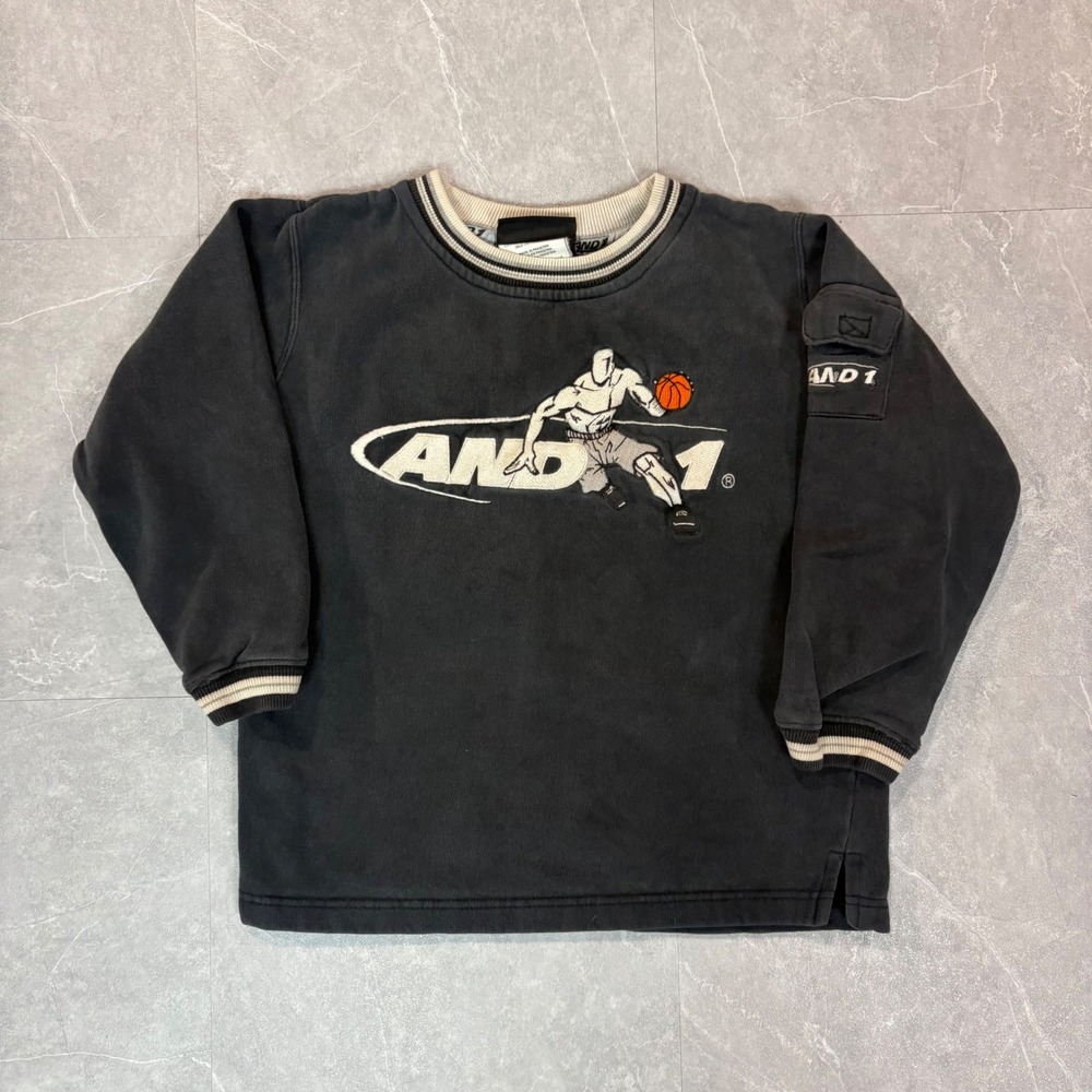 Vintage AND 1 Basketball Crewneck Sweatshirt Kids XL Black Graphic Pullover 4038